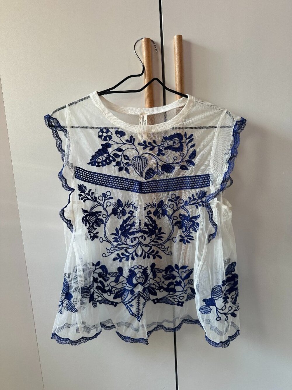 Anthropologie Embroidered Ruffle Muscle Tee